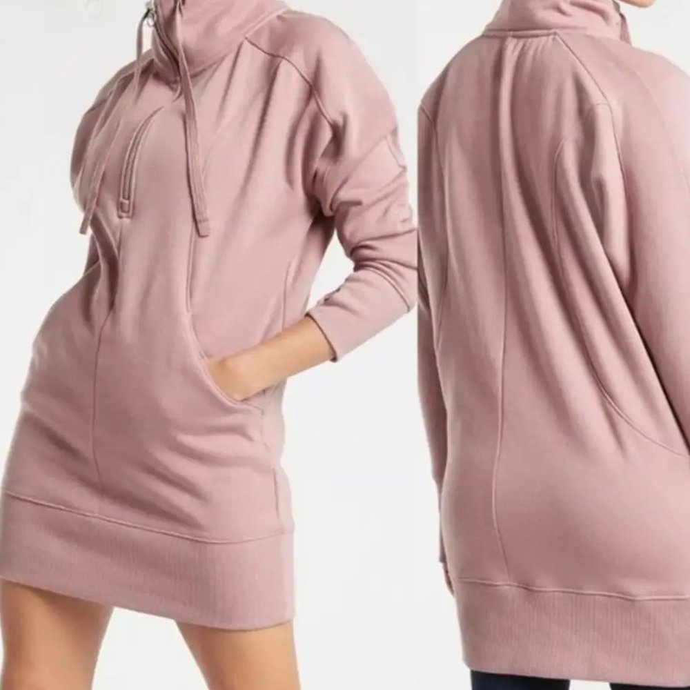 ATHLETA Cozy Karma 1/4 Zip Fleece Tunic Lounge Dress w/ Zip Neck Mauve